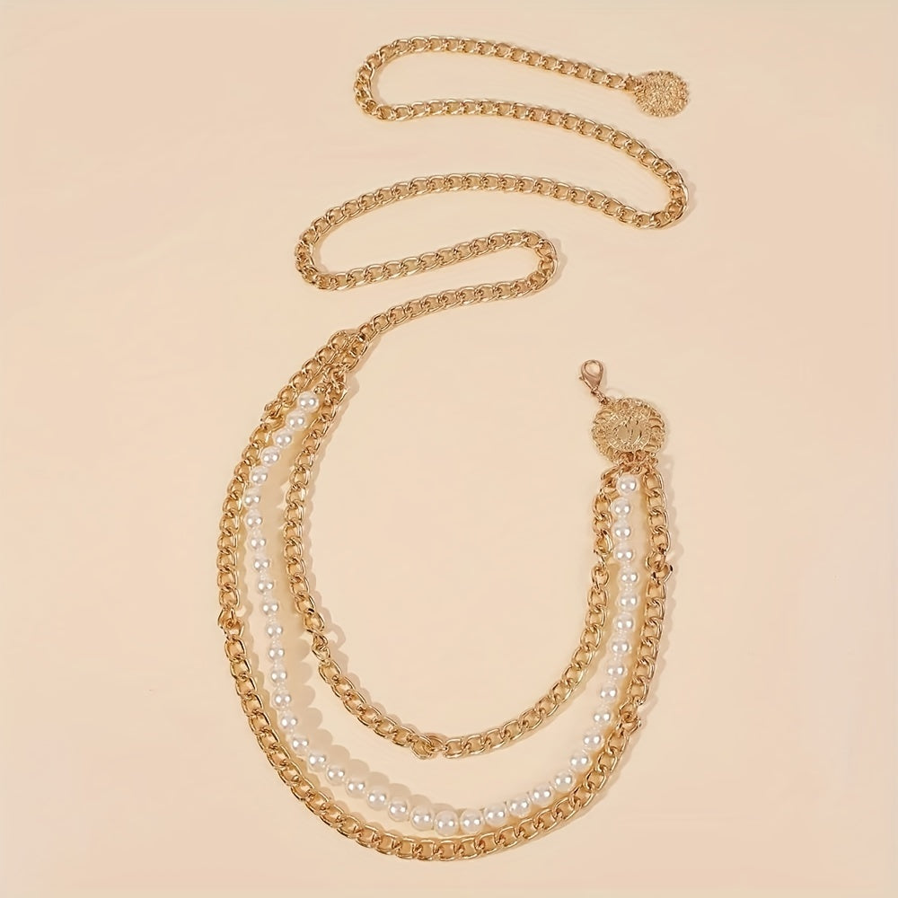 Metal Waist Chain Faux Pearl Dress Chain Pendant Tassel Jewelry