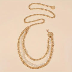 Metal Waist Chain Faux Pearl Dress Chain Pendant Tassel Jewelry