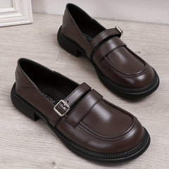 Women's Chunky Heel Loafers British Style Buckle Strap Shoes