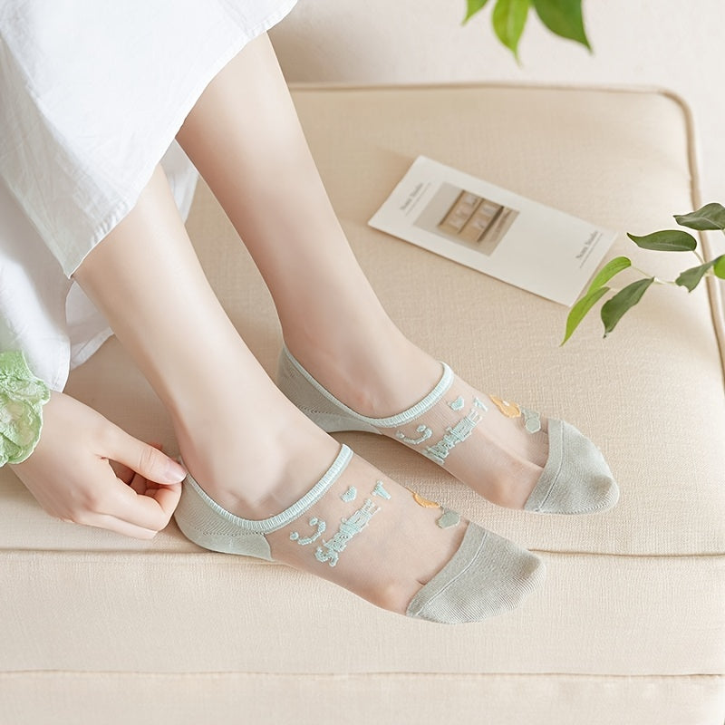 5 Pairs Small Flower Sheer Crew Socks Lightweight Breathable Boat Stockings