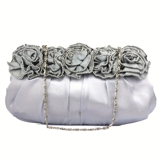 Pleated Flower Kiss Lock Metal Chain Clutch Elegant Textured Frame Purse