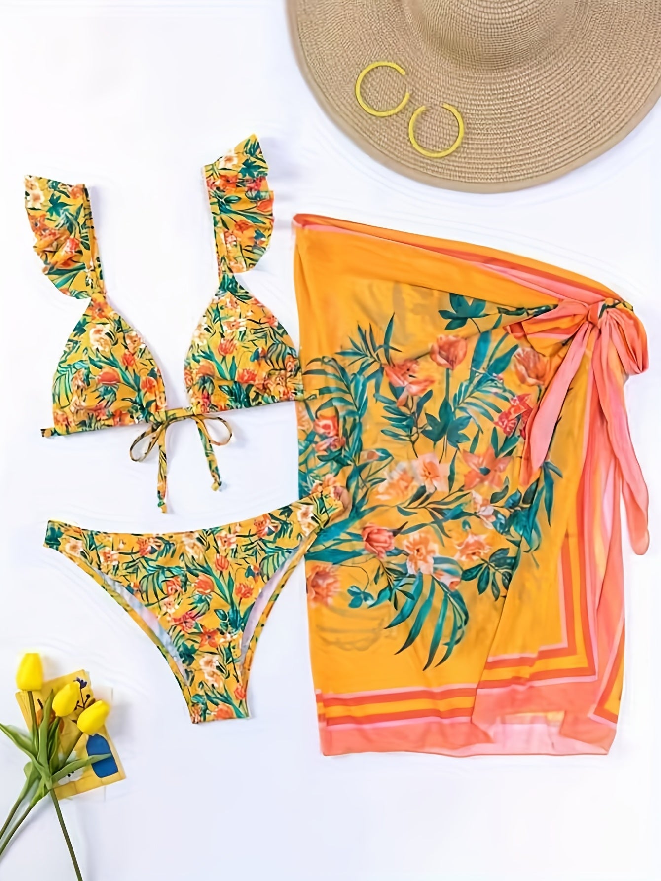 Floral Leaf Print Ruffle Strap Bikini & Mesh Wrap Cover Up Set