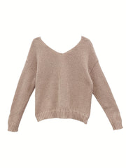 Casual V Neck Knitted Top Long Sleeve Pullover Sweater