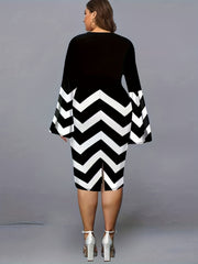  Colorblock Stripe Print Bell Sleeve V Neck Midi Dress