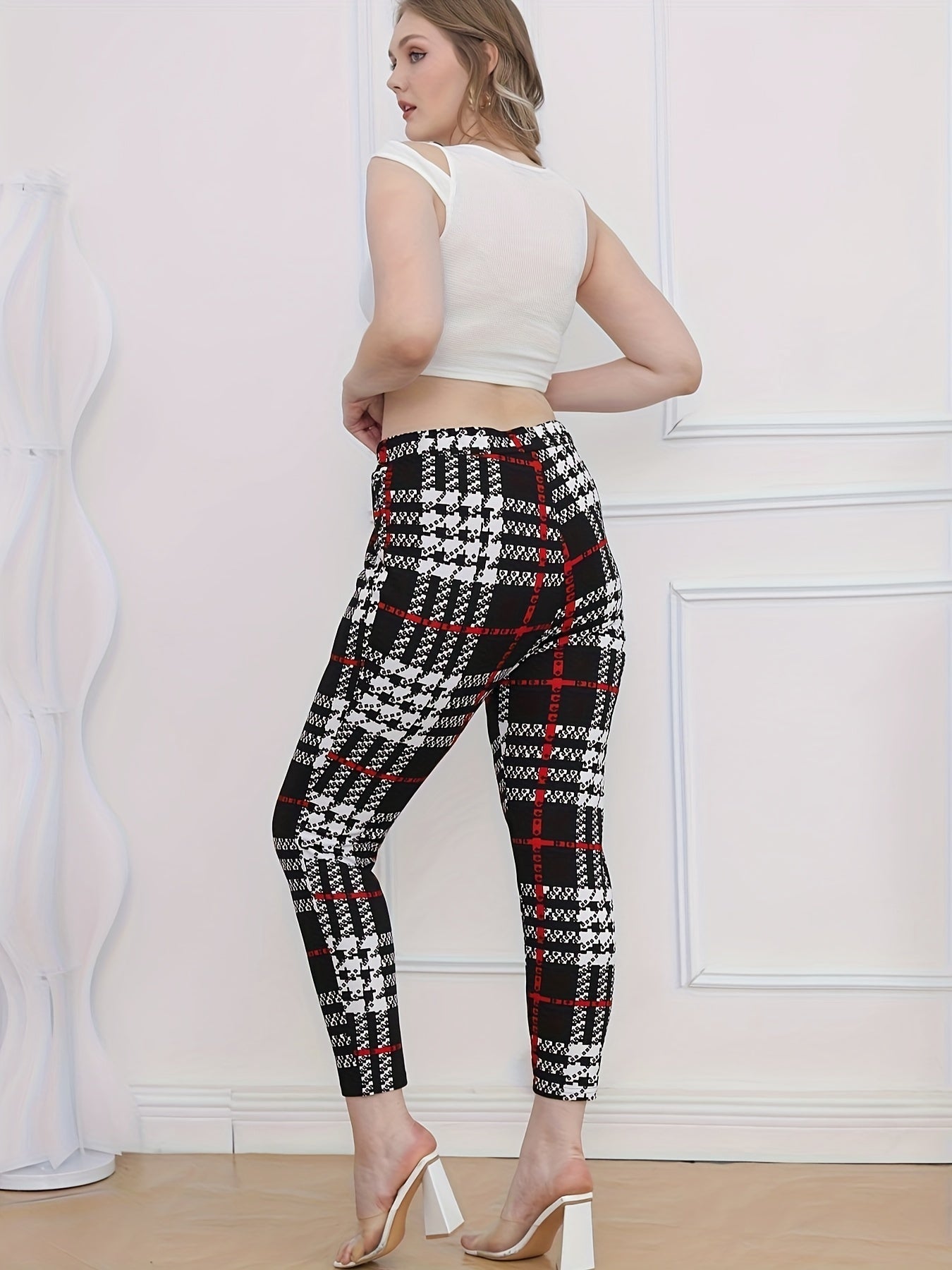  Plaid Print High Rise Skinny Trousers