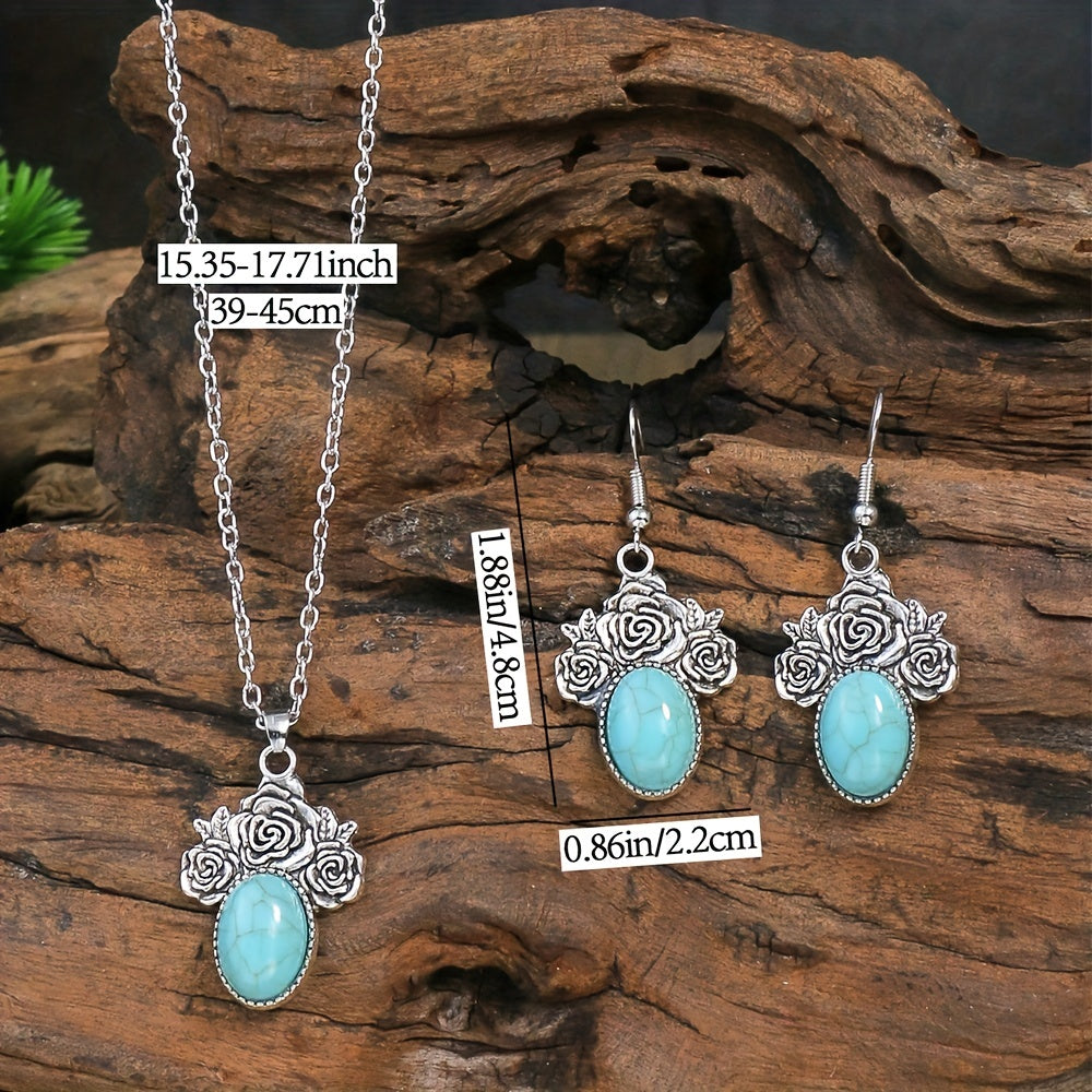 3pcs Turquoise Rose Jewelry Set Boho Style Earrings Necklace