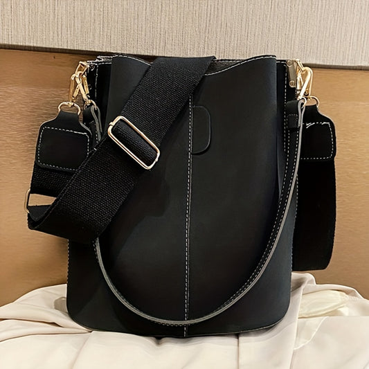 Retro Frosted Bucket Bag Crossbody Shoulder Purse Wide Strap