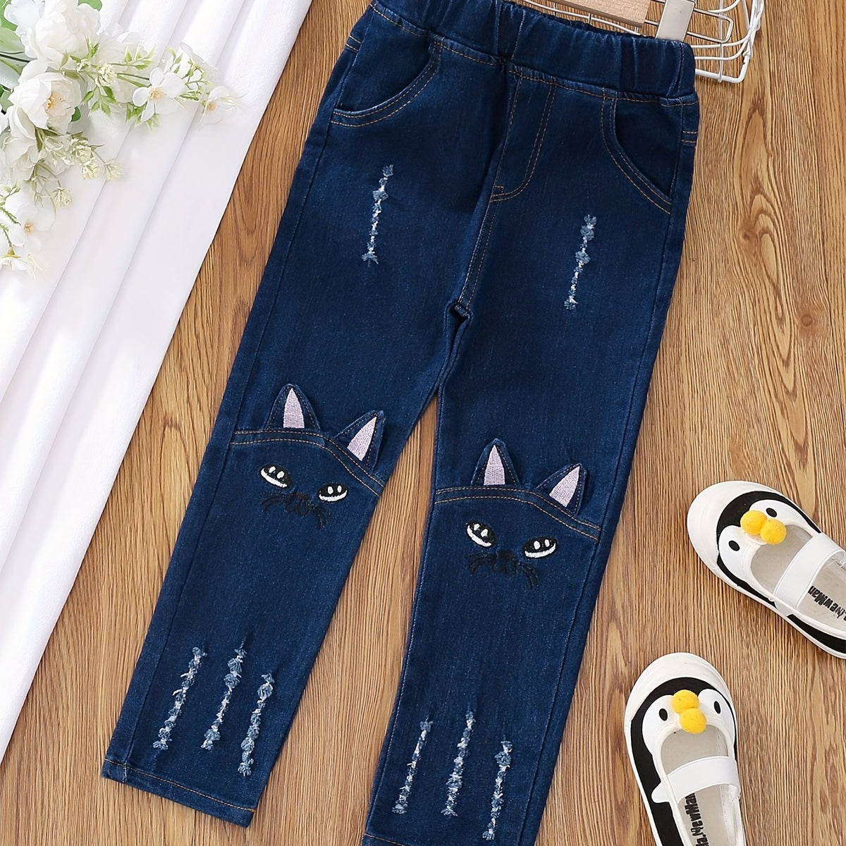 Girls Cartoon Embroidered Denim Trousers