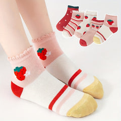 5pairs Girls Sweat Cartoon Strawberry Dot Stripe Pattern Lace Crew Socks