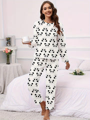 Panda Print Pajama Set Long Sleeve Top & Elastic Waistband Pants