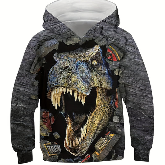 3D Dinosaur & Broken Brick Print Kid's Hoodie Pullover for Spring Fall Winter