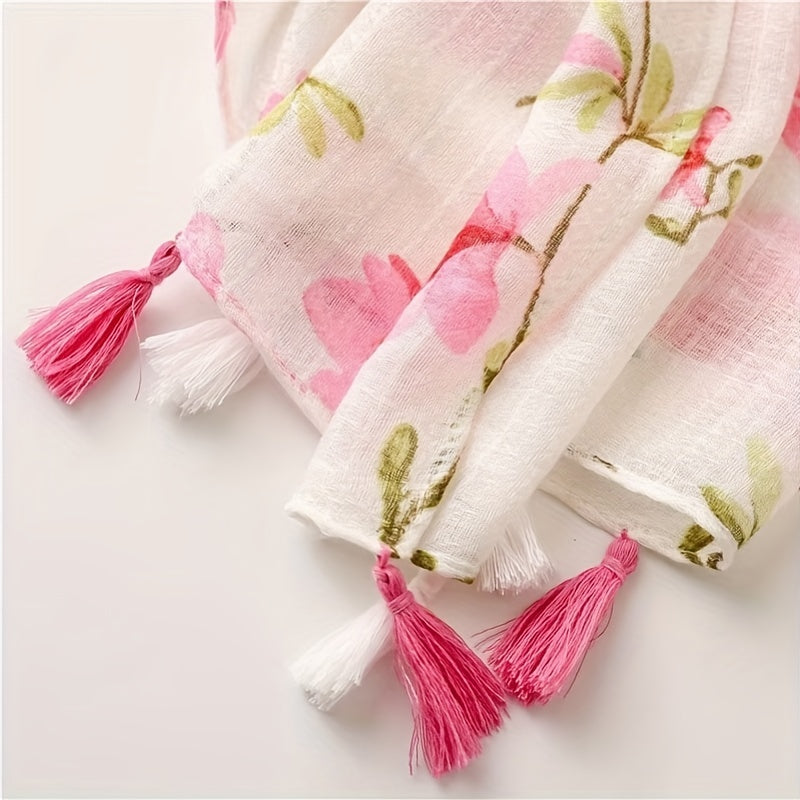 Pink Flower Print Scarf Gauze Tassel Shawl Casual Windproof Head Wrap