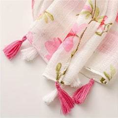 Pink Flower Print Scarf Gauze Tassel Shawl Casual Windproof Head Wrap