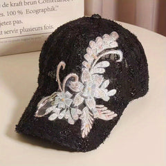 Flower Lace Baseball Cap with Faux Pearls