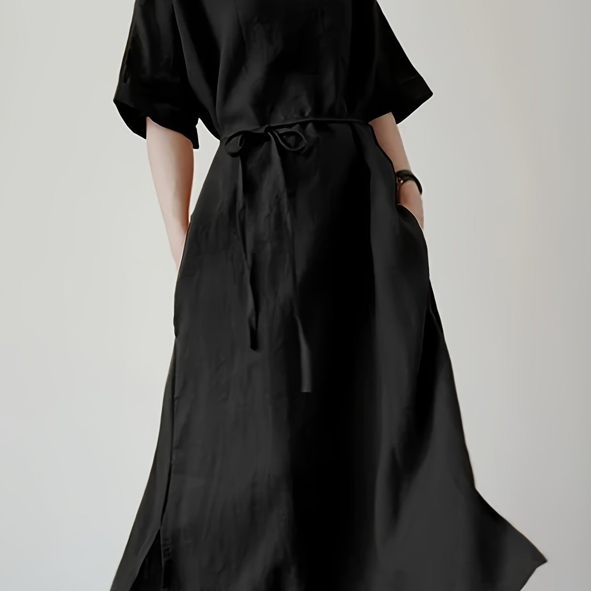Women's Plus Solid Batwing Sleeve Round Neck Side Split Maxi Dress