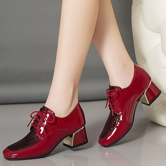 Women's Square Toe Block Heel Lace Up Mid Heels Faux Patent Leather Pumps