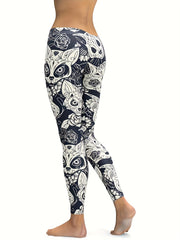  Abstract Cat & Floral Print High Stretch Yoga Leggings