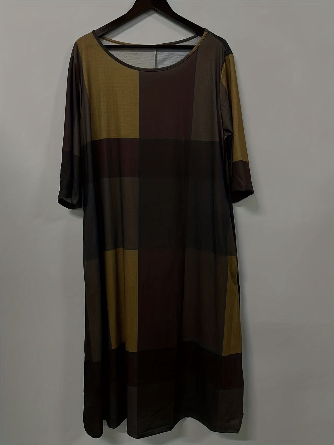  Colorblock Print Half Sleeve Round Neck Stretch Dress