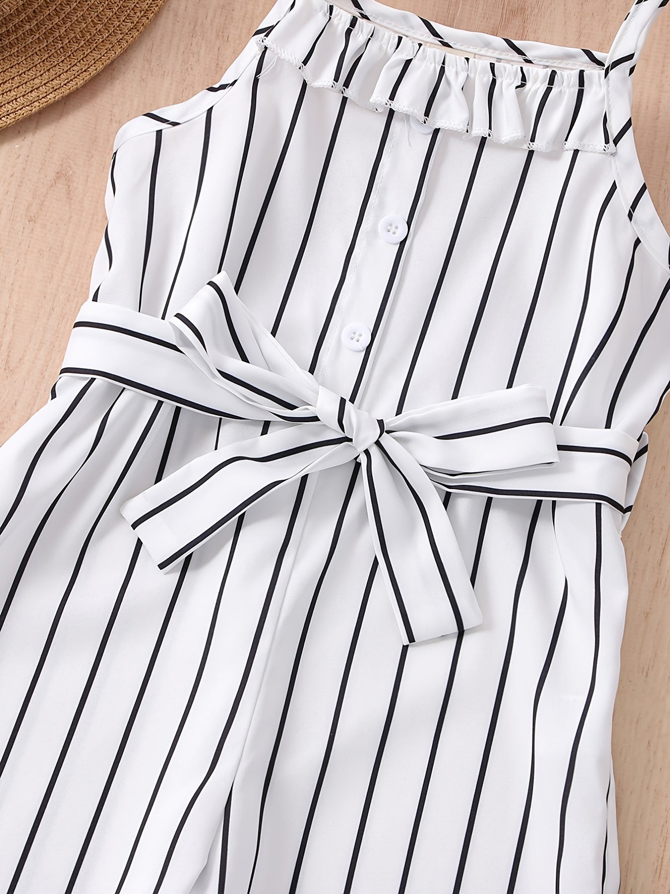 Girls Striped Ruffle Trim Button Belted Cami Jumpsuit Romper
