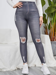  3D Denim Ripped Print Leggings Women's Plus High Rise Medium Stretch
