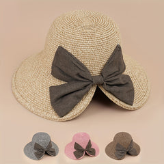 Wide Brim Straw Sun Hat with Bow for UV Protection