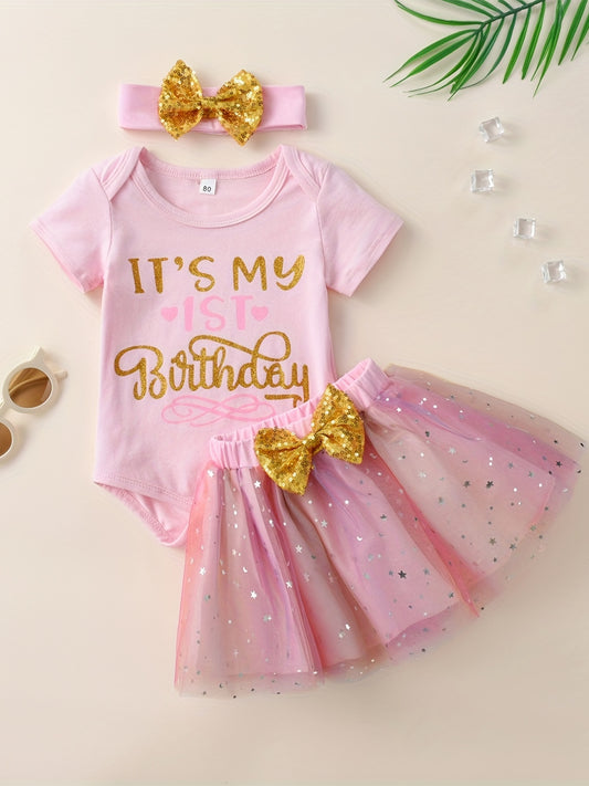3pcs Baby Girls 1st Birthday Onesie Romper & Skirt Set