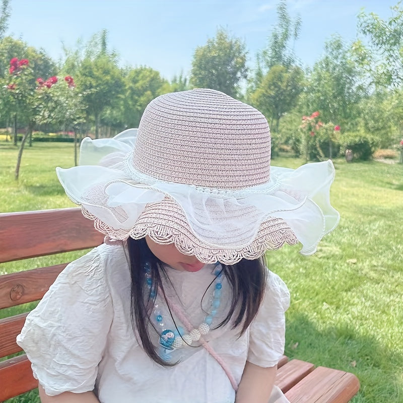 Girls Lace Straw Hat & Handbags Set Sun Protection