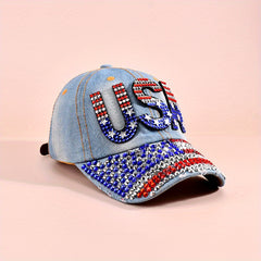 Rhinestone Flag Baseball Cap Denim Washed Distressed Unisex Sun Hat