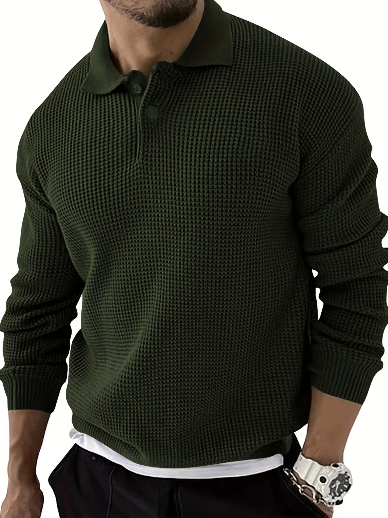 Waffle Knit Polo Collar Sweater Men's Casual Warm Solid Button Up Sweater
