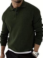 Waffle Knit Polo Collar Sweater Men's Casual Warm Solid Button Up Sweater