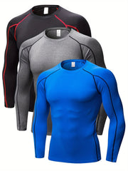 3 Packs Men's Long Sleeve Compression Crew Neck T shirts for Training Running