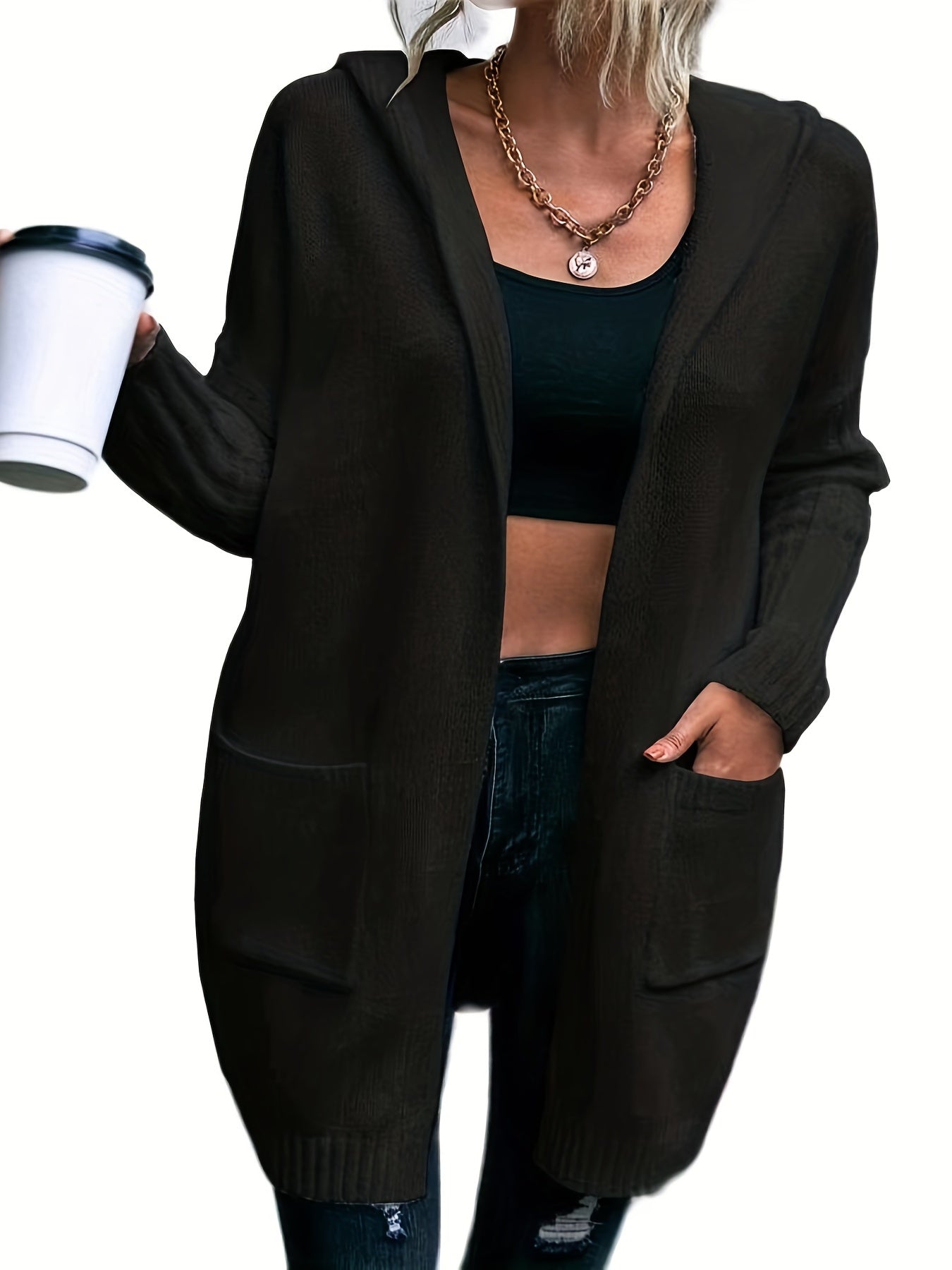  Open Front Hooded Cardigan with Pockets