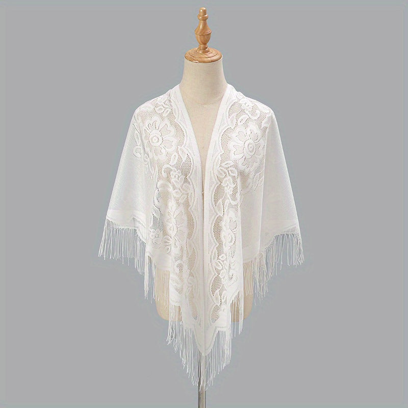 Long Tassel Triangle Shawl Lace Scarf Solid Embroidery Cape