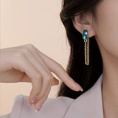 Long Chain Earrings Square Synthetic Gems 18K Plated Drop Earrings
