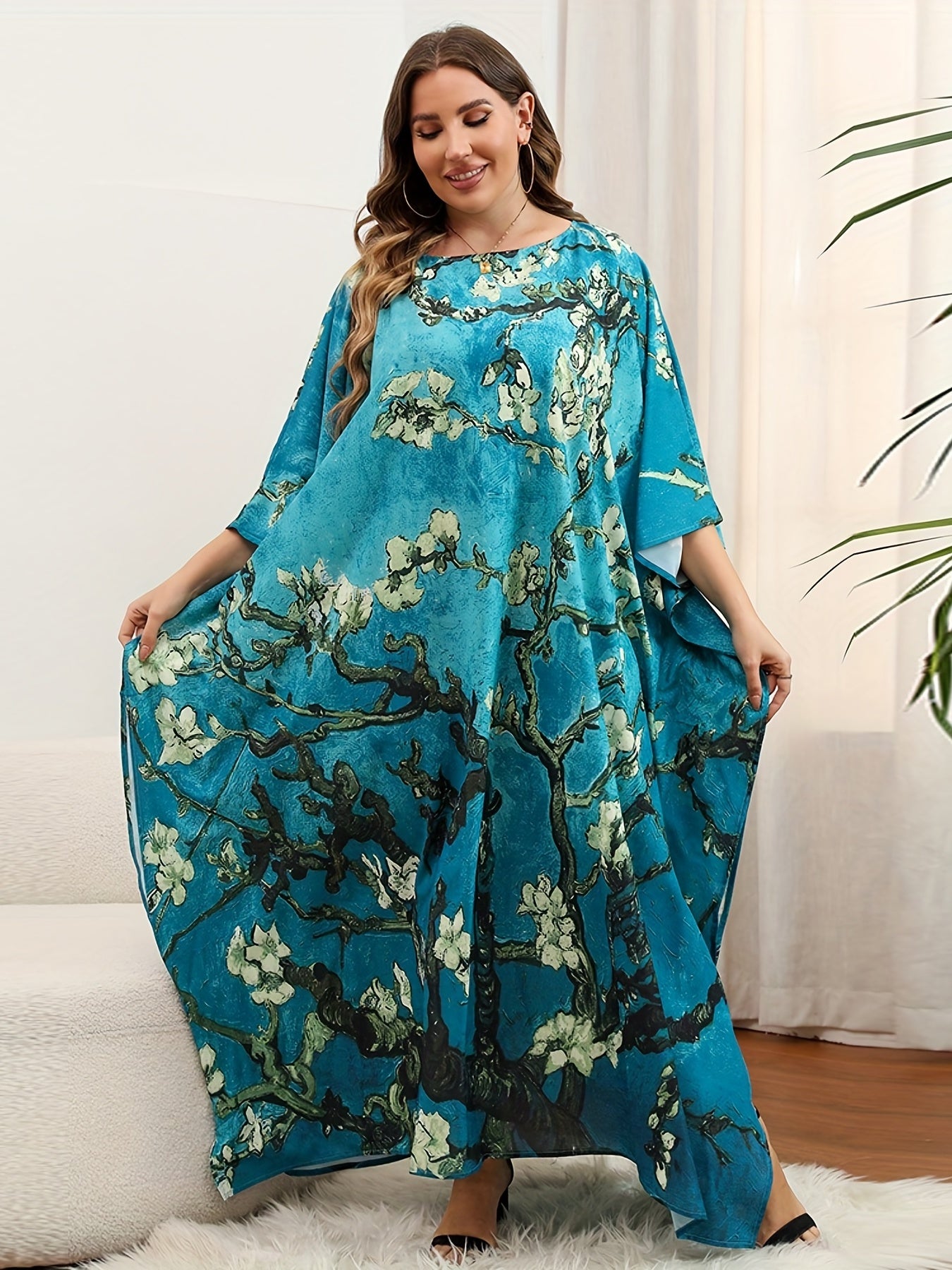  Boho Cover Up Dress Women's Plus Floral Print Bat Sleeve