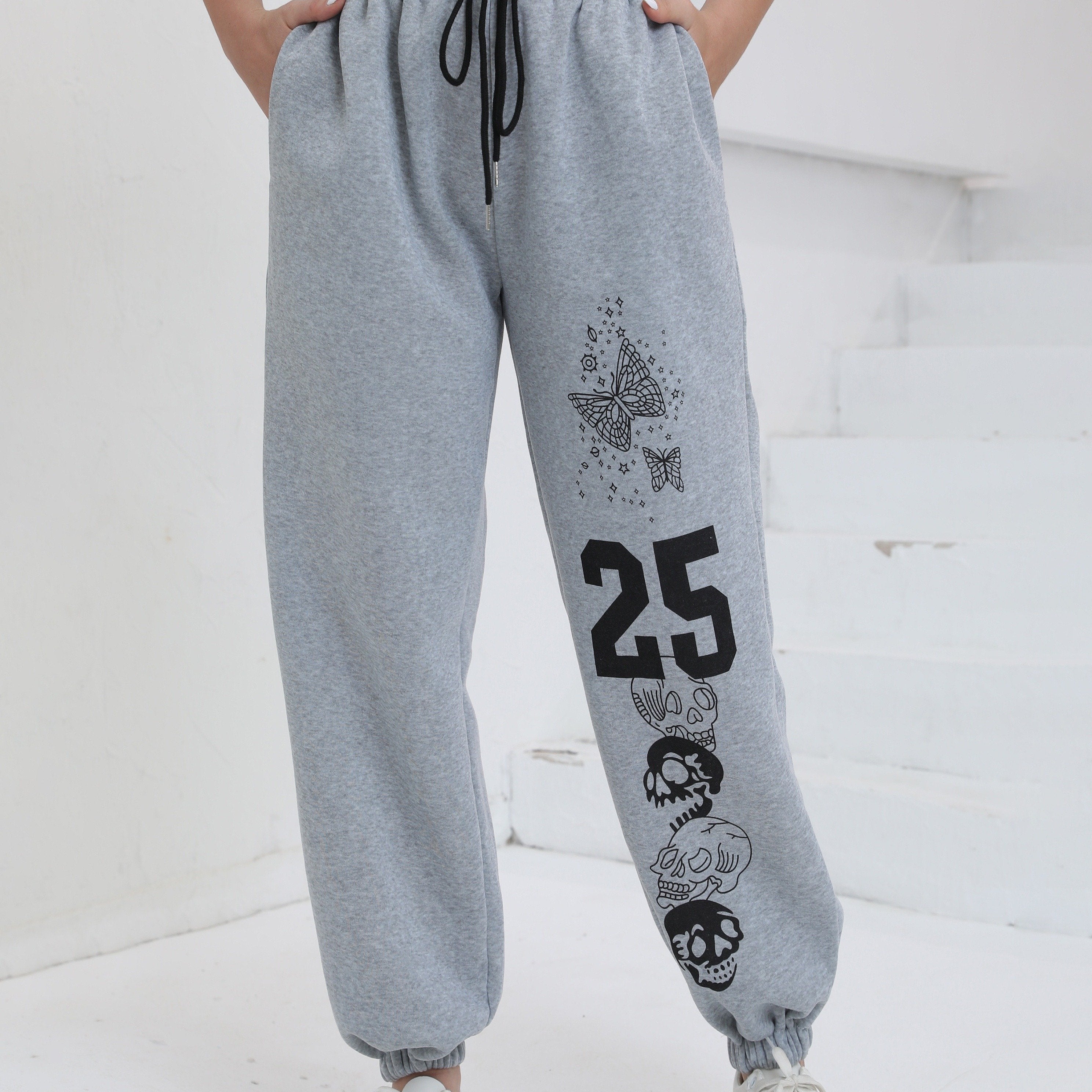  Casual Pants Women's Plus Butterfly & Skull & Number Print Drawstring
