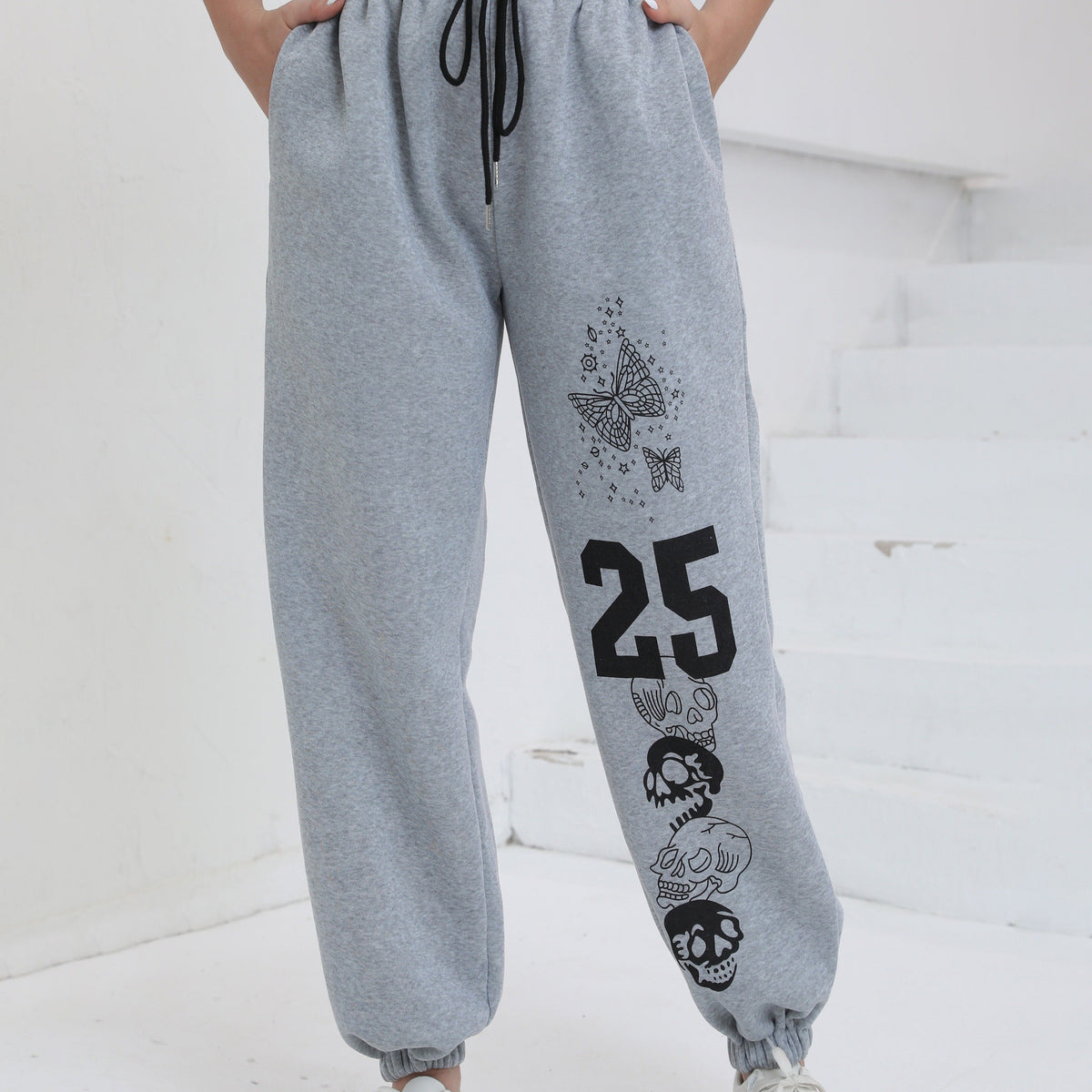  Casual Pants Women's Plus Butterfly & Skull & Number Print Drawstring