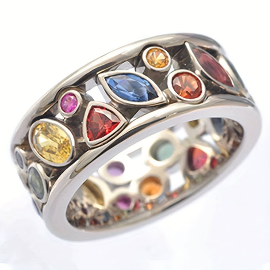 Colorful Rhinestones Women's Ring 925 Silver Plated Boho Style Hand Jewelry