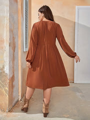  Ruched Lantern Sleeve Round Neck Dress