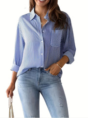  Stripe Print Button Up Long Sleeve Blouse