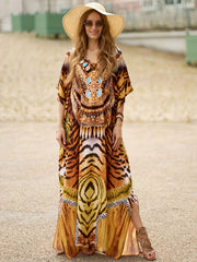  Boho Dress Women's Plus Floral Tie Dye Print V Neck Side Split Kaftan