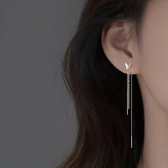 Silvery Butterfly Long Chain Dangle Earrings Copper Silver Plated Jewelry