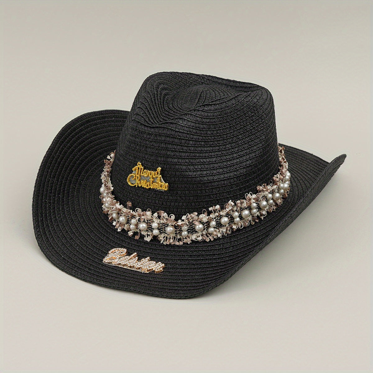 Rhinestone Bride Cowboy Hat Faux Pearl Lace Hatband Decor Straw Jazz Hat