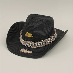 Rhinestone Bride Cowboy Hat Faux Pearl Lace Hatband Decor Straw Jazz Hat