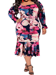 Floral Print Flounce Sleeve Square Neck Midi Dress