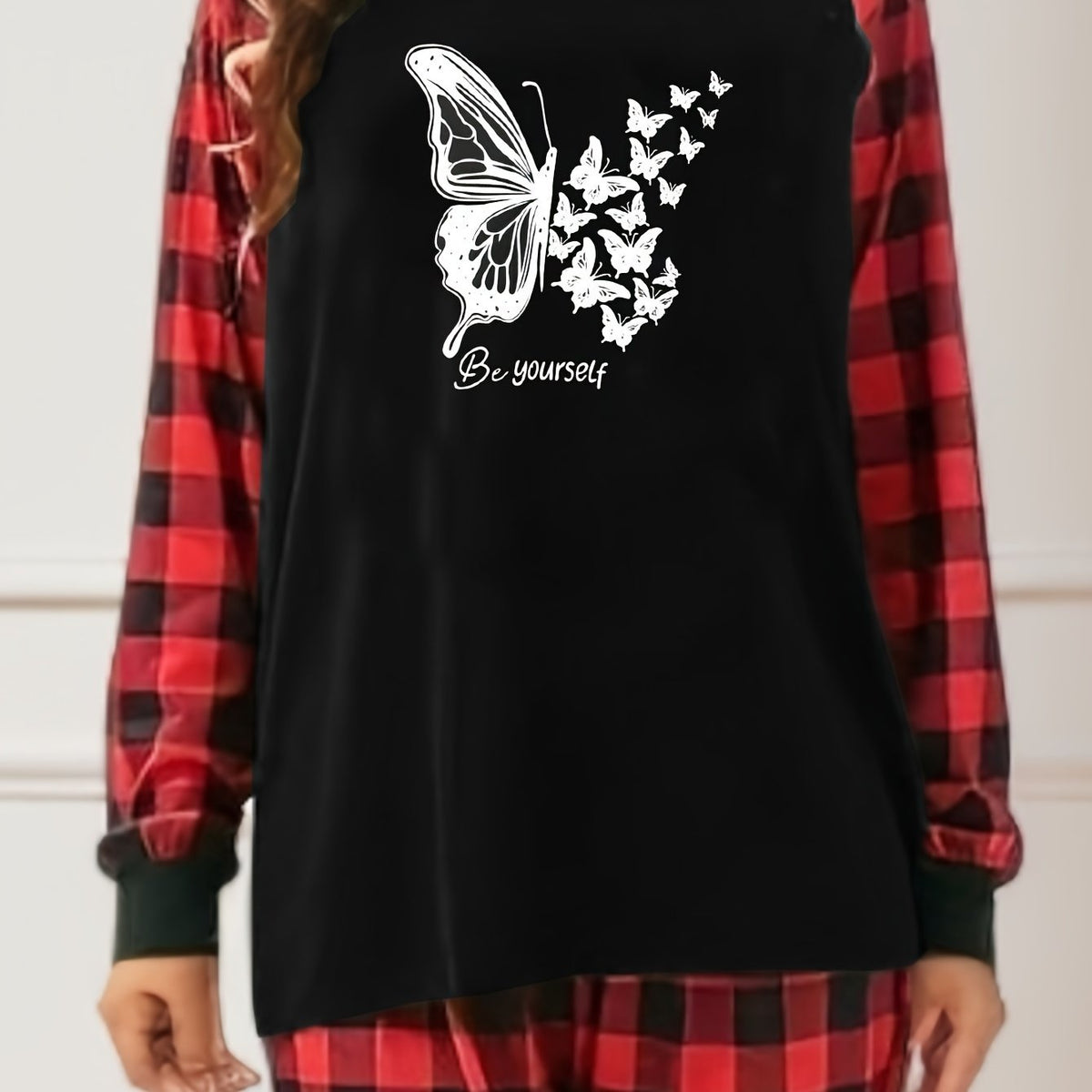  Colorblock Gingham & Butterfly Print 2pc Set