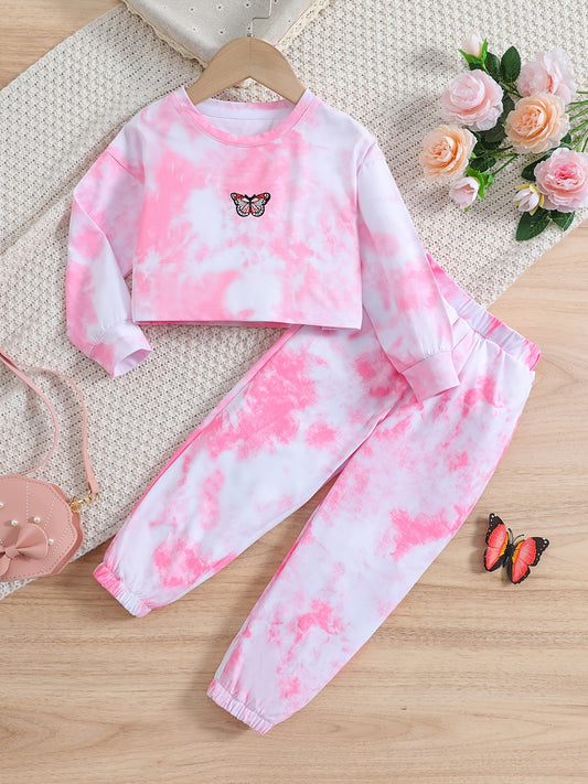 Toddler Girls Butterfly Embroidery Tie Dye Top & Sweat Pants 2pcs Sportwears