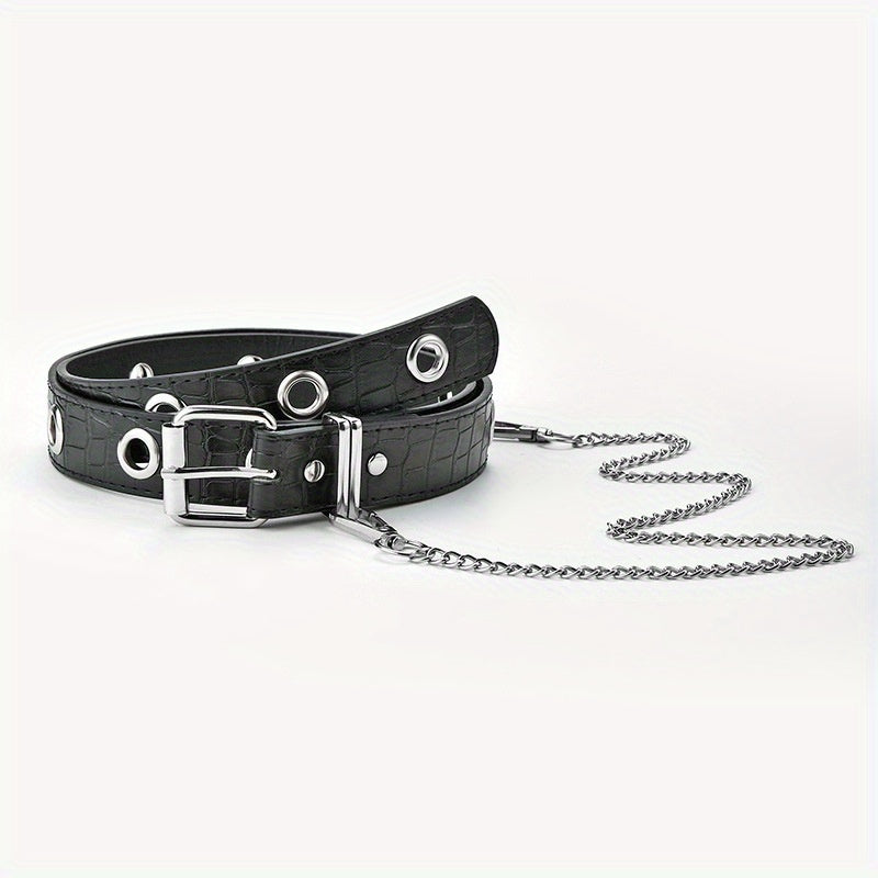Men's Automatic Buckle Belt With Chain PU Leather Belt Punk Waist Strap