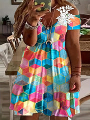  Colorblock Geometric Print Contrast Lace Panel V Neck Dress