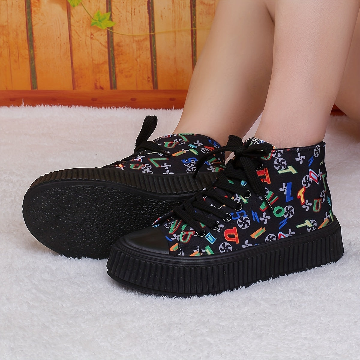 Women's Colorful Letter Print Canvas High Top Sneakers